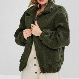 Zaful Oversized Teddy Bear Zip Front Fleece Jacket Army Green Size L